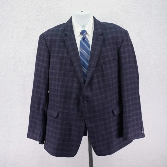 Tommy Hilfiger Soft Flannel Worsted‎ Wool Sport Coat 48R Blue Windowpane Tag 50L